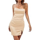 Umenlele Women's Satin Backless Criss Cross Tie Back Split Spaghetti Strap Bodycon Party Mini Dress