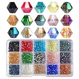 Chengmu 4mm 1500pcs Bicone Glass Beads for Jewelry Making AB Colour Faceted Shape Colourful Crystal Spacer Beads Assortments Supplies for Bracelets Necklaces with Elastic Cord Storage Box