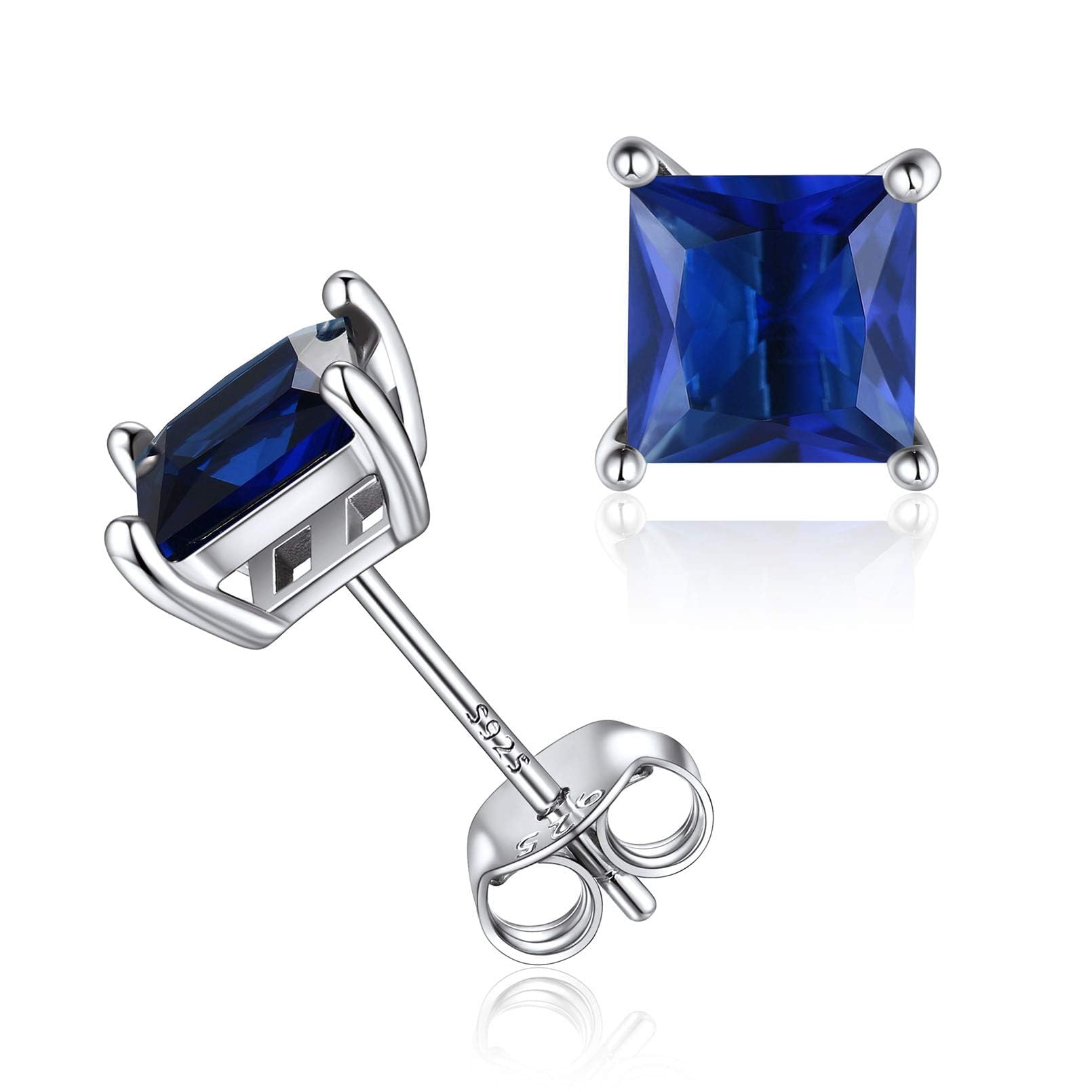 ChicSilver Princess Cut Square September Birthstone Stud Earrings Sterling Silver Silmulated Sapphire Gemstone Ear Studs for Women Mum Daughter