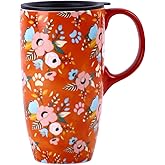 Topadorn Ceramic Coffee Mug Travel Cup Gift with Lid 17oz., Porcelain Tall Tea Cup with Handle for Home & Office, Orange Floral Art Pattern Gift Mug, 6.5''H