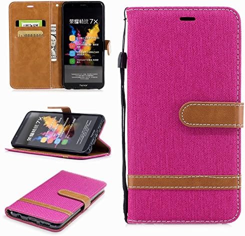 Honor 7X Case, Huawei Honor 7X Case, Jeans Denim PU Leather Magnetic Closure Flip Folio Wallet Cover Case for Huawei Honor 7X with Card Slot, Kickstand, Wrist Strap ( Color : Pink )