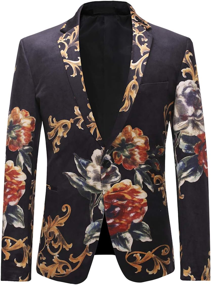 Mens Casual Blazer Slim Fit Suits Jacket Floral Printed One Button Dinner Party Wear Coats
