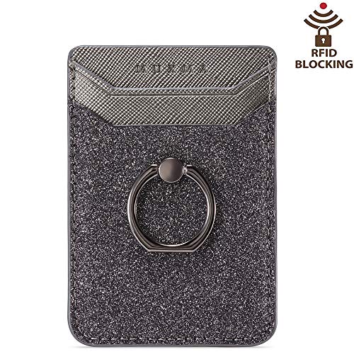 ACRSIKR Card Holder for Back of Phone, RFID Blocking Glitter Cell Phone Credit Wallet with Ring Pocket Stick on iPhone