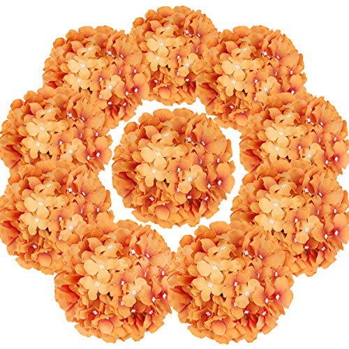Flojery Silk Hydrangea Heads Artificial Flowers Heads with Stems for Home Wedding Decor,Pack of 10 (Fall Orange)