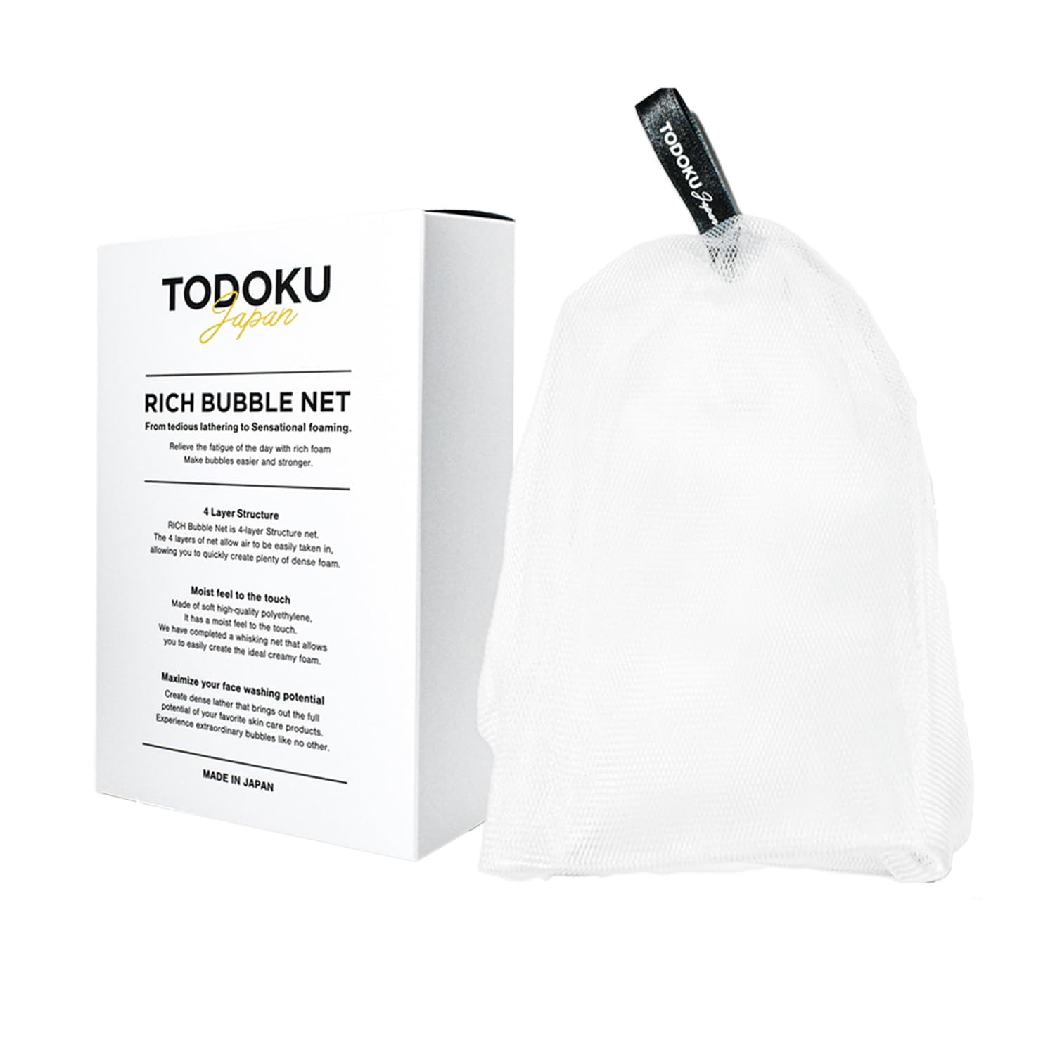TODOKU JAPAN Rich Bubble Face Wash Soap Net, 4 Layer Mesh, Marshmallow Whip Maker (BLACK)