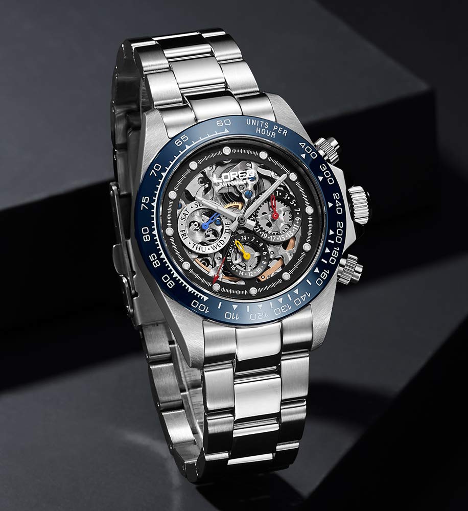 LOREO Mens Automatic Watch Silver Stainless Steel Sapphire Glass Ceramic Bezel Date Military Diving Waterproof Watch