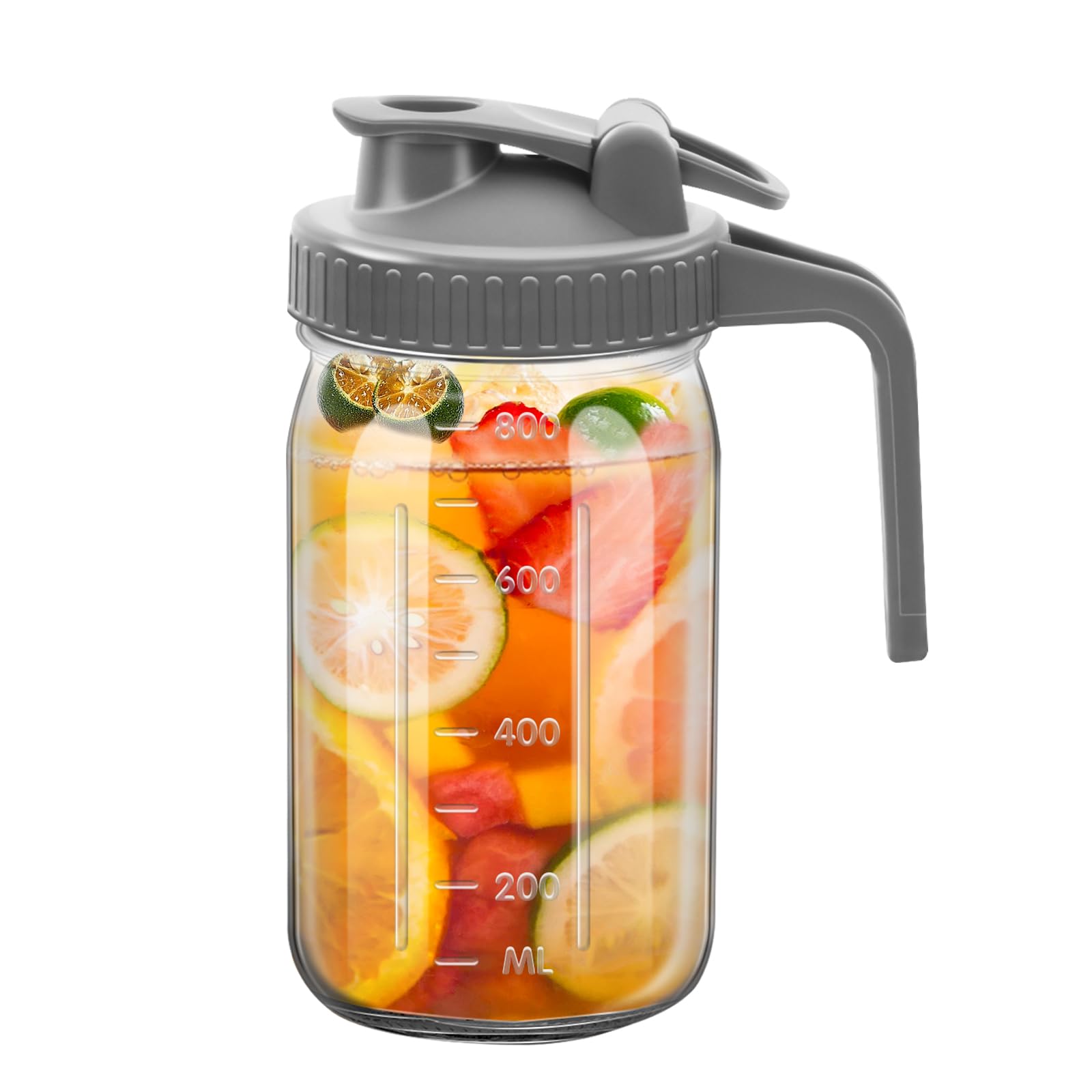 Photo 1 of 1Pc Wide Mason Jar Pitcher,32oz Glass Pitcher with Lid Double Leak-proof with Handle Water Jug Wide Mouth Breast Milk Fridge Container for Water, Juice (32oz Grey)
