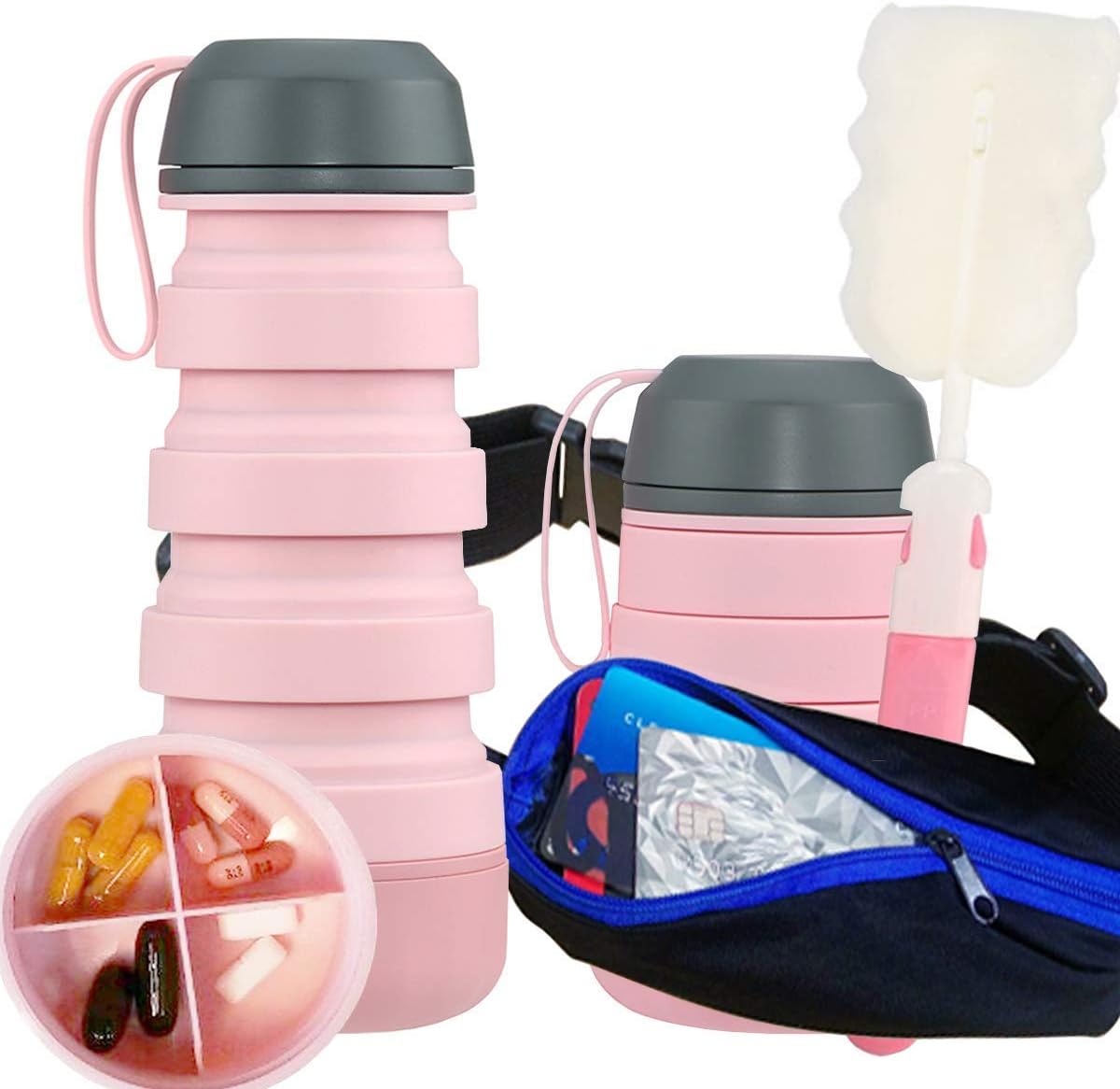 Pink Silicone Collapsible Water Bottle - Lightweight Portable Foldable Adjustable Reusable Travel Outdoor Sports Runner Workout Fitness Plus Pill Organizer Box Case By PuPeiLife