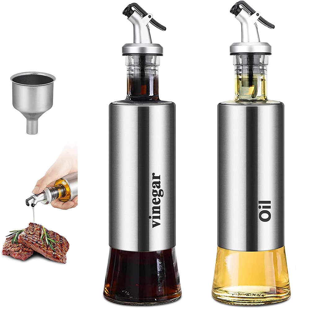 Superior Glass Oil Vinegar Bottles Drizzler, 2 PCS Vinegar and Olive Oil Set, Drip Free Oil Dispenser with Measure, Oil Container Bottles Jar with Stopper Pourer Cooking Oil Bottle for Kitchen, 300ML