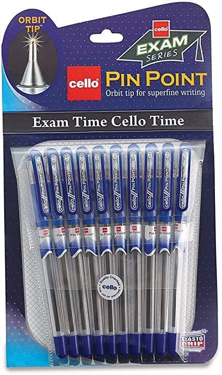 10 X Cello Pinpoint Fine Write Ball Point Pen Blue Ink 0.5 Mm Tip