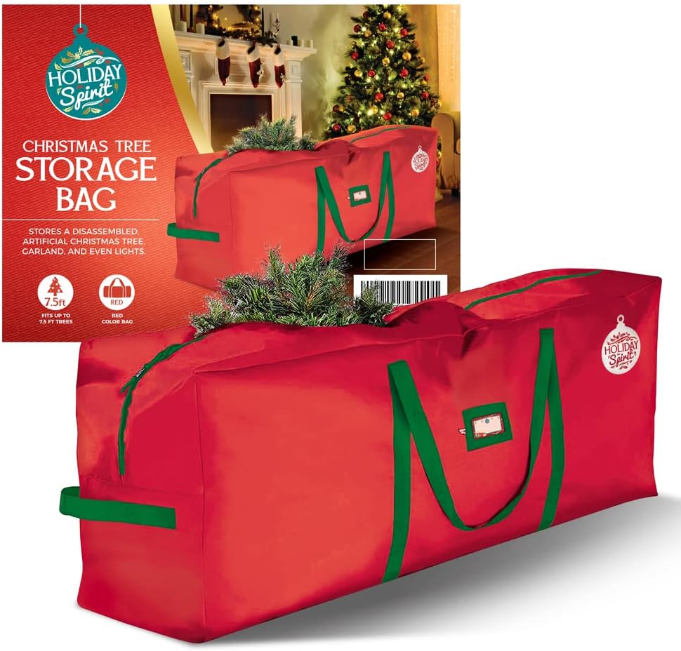 Holiday Décor Storage - HOLIDAY SPIRIT Christmas Tree Storage Bag - Heavy-Duty Tree Bag with Durable Reinforced Handles & Zipper, Waterproof Storage Bag Protects from Moisture & Dust (Fits a 7.5FT Tree, Red)