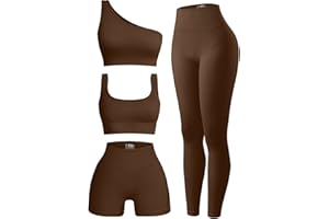 OQQ Women's 4 Piece Outfits Ribbed Exercise Scoop Neck Sports Bra One Shoulder Tops High Waist Shorts Leggings Active Set