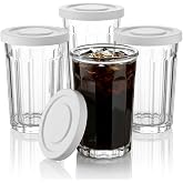 Tall Glass Cups with Lids Set of 4, 18oz Heavy Duty Glass Tumblers | Thick Drinking Glasses for Iced Coffee with Soft Airtight Lids, Stackable Picardie Style Food Storage Jars