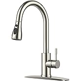 FORIOUS Kitchen Faucets with Pull Down Sprayer, Brushed Nickel High Arc Single Handle Stainless Steel Bar Sink Faucet with Deck Plate for 1 or 3 Hole, Suitable for Farmhouse RV Camper Laundry