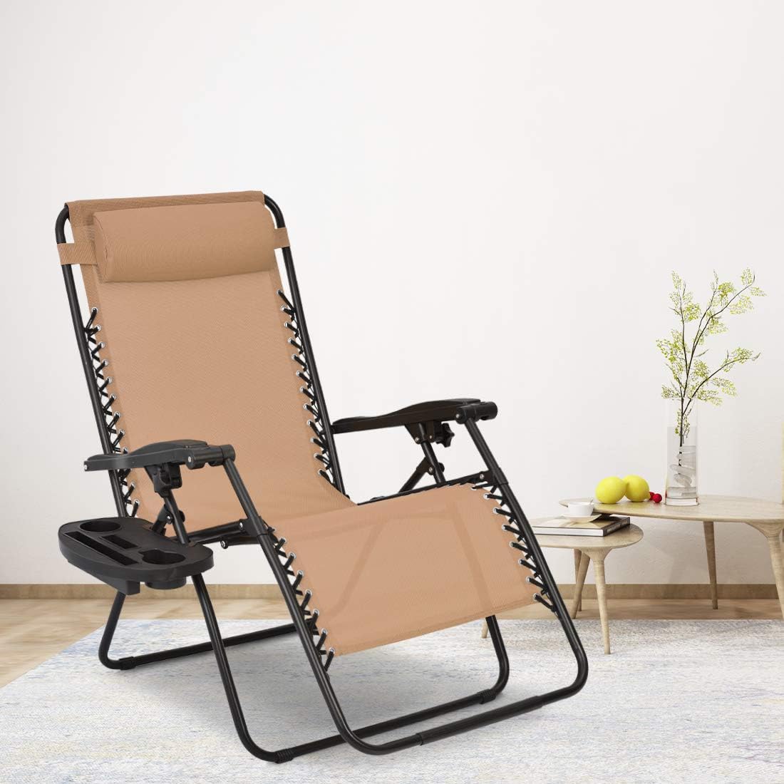 Patio Watcher Oversized Zero Gravity Chair Folding Recliner Chair with Cup Holder Accessory Tray and Removable Pillow for Outdoor Yard Porch Beige 1 Chair : Garden & Outdoor