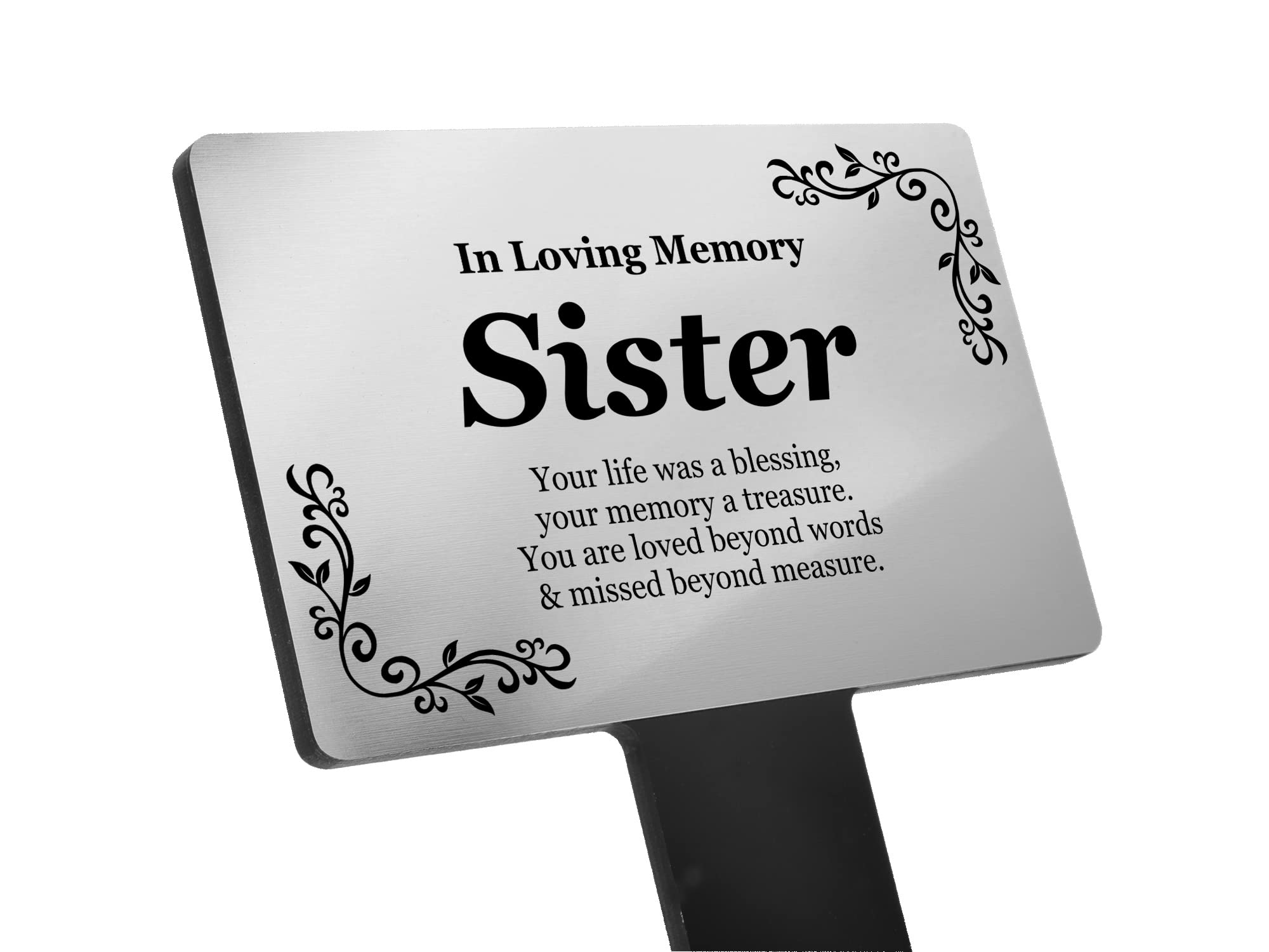 OriginDesigned Sister Memorial - Silver plaque mounted onto a black acrylic stake