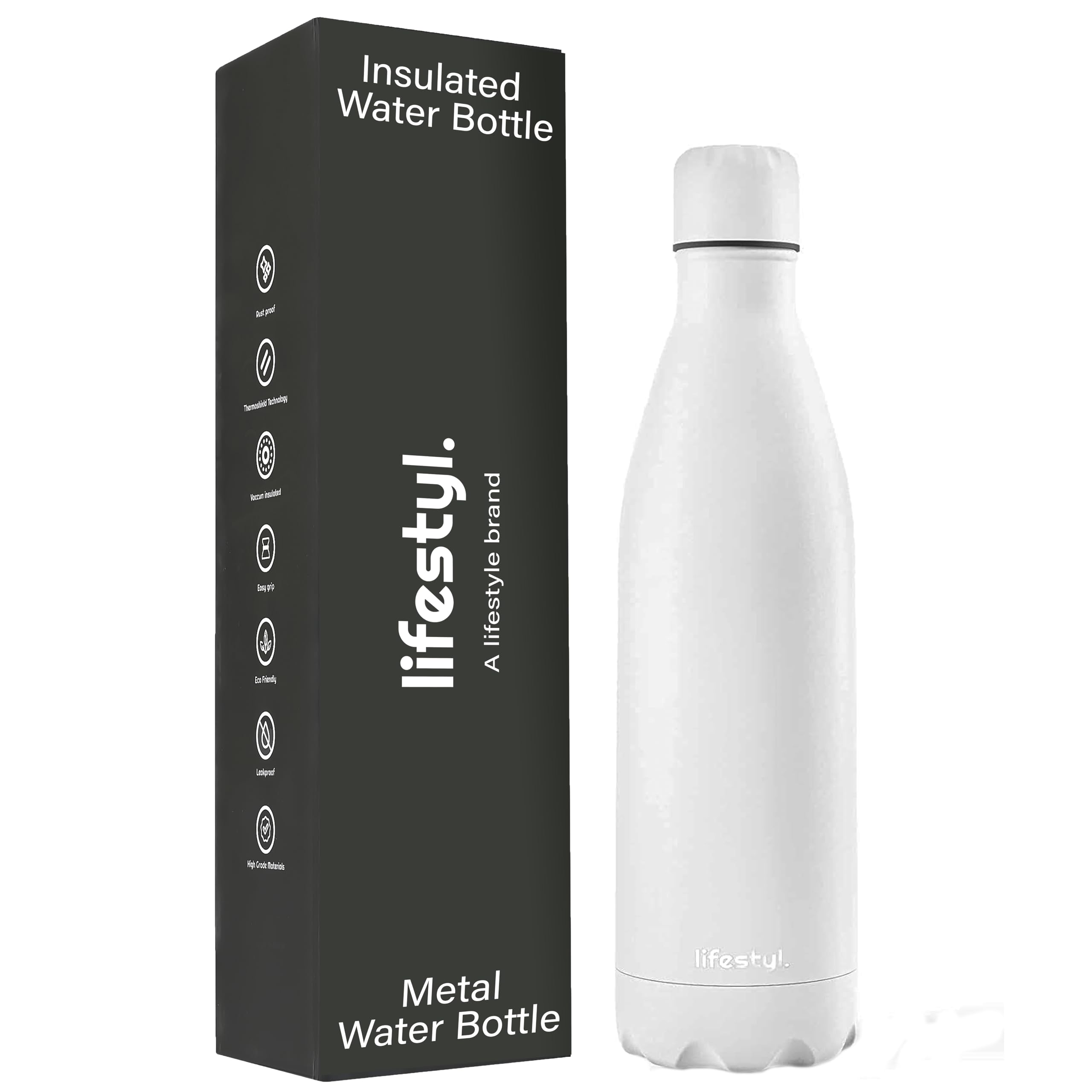 Lifestyl Stainless Steel Water Bottle | 24 Hrs Cold & 12 Hrs Hot| Thermoshield Technology Vacuum Insulated Metal Water Bottles, Leak-Proof Drinks Bottle for Gym (White, 750 ml)