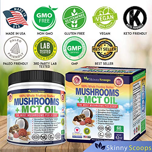 Skinny Scoops Organic Mushroom Extract Powder + MCT Oil Powder - Nootropic Brain Supplement & Immune System Booster - USDA Lions Mane, Cordyceps, Reishi, Turkey Tail, Chaga - MCT for Ketone Energy