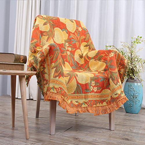 Eazyhurry 100% Pure Cotton Yellow Peach Pattern Super Soft Sofa Blanket Woven Throw Blanket Featuring Decorative Fringes Home Decor for Chair Bed Couch Orange 35" X 59"
