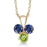 Gem Stone King 14K Yellow Gold Blue Created Sapphire and Green Peridot 3-Stone Pendant Necklace For Women (0.40 Cttw, Gemstone September Birthstone, Round 3MM, 18 Inch Chain)