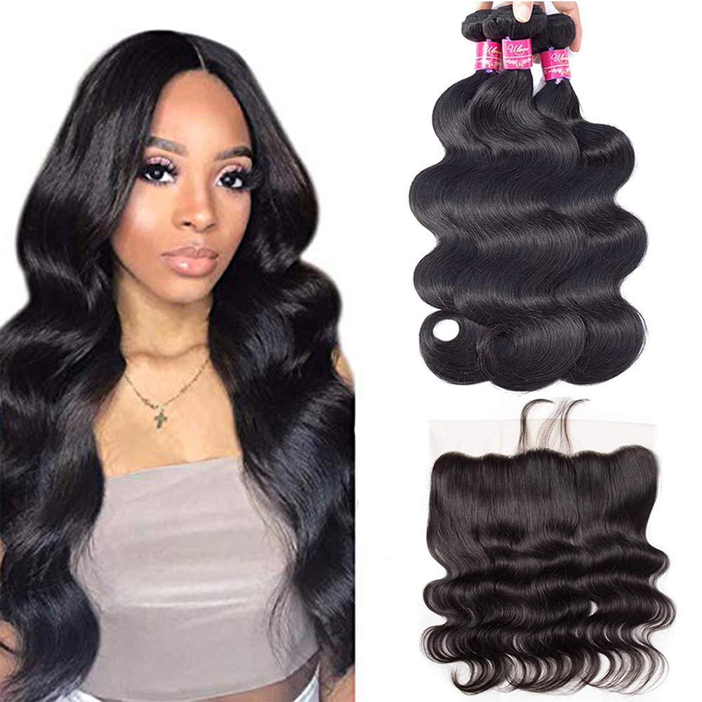 ULOVE HAIR Brazilian Virgin Hair Body Wave 3 Bundles with Frontal Natural Color 100% Unprocessed Human Hair Extensions with 13x4 Frontal Lace Closure (14 16 18+12"Frontal)