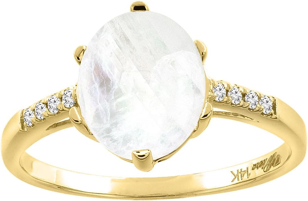 14K Yellow Gold Natural Rainbow Moonstone & Diamond Ring Oval 10x8 mm, sizes 5-10