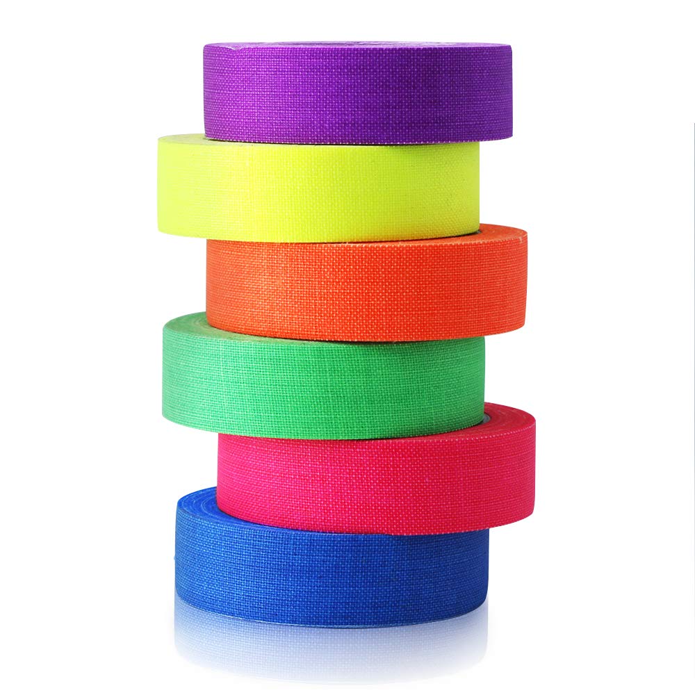 LightingWill UV Blacklight Reactive Fluorescent, Fluorescent Gaffer Cloth Tape, 0.59in X 16.5FT Per Roll, Decorative Black Light Neon Party Tape With Glow Party Supplies, 6 Colors