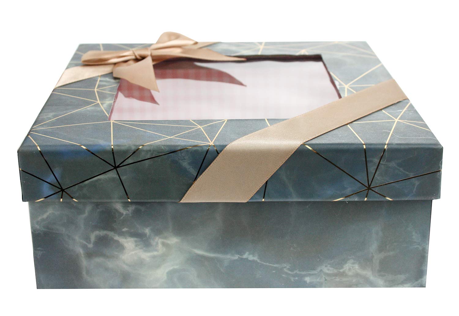Emartbuy Rigid Square Luxury Presentation Gift Box, 17.5 cm x 17.5 cm x 6.5 cm, Blue/Grey Marble Effect with Gold Origami Lines, Pink Chequered Interior, Clear Top and Satin Bow Ribbon