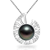 Atopearl Lucky Conch Tahitian Black Pearl with Moissanite Pendant Necklace, 9-10MM AAAA Pearl Gifts for Women Wife Wedding Birthday Anniversary Valentines