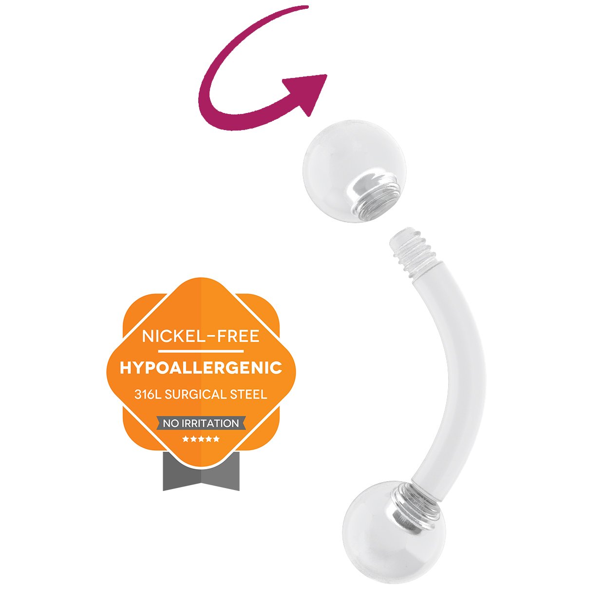 2pc 16g Vertical Labret Retainer Clear Curved Barbell Plastic Lip Acrylic Piercing Jewelry