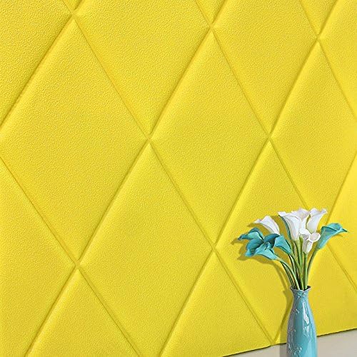 YUELA Faux Wood Grain Self Adhesive Wallpaper 3D Wall-Living Room Bedroom Nursery Wall Dress Suspended Ceiling Wallpaper Decor, Extra Thick Bright Yellow/Diamond 70 * 70, King