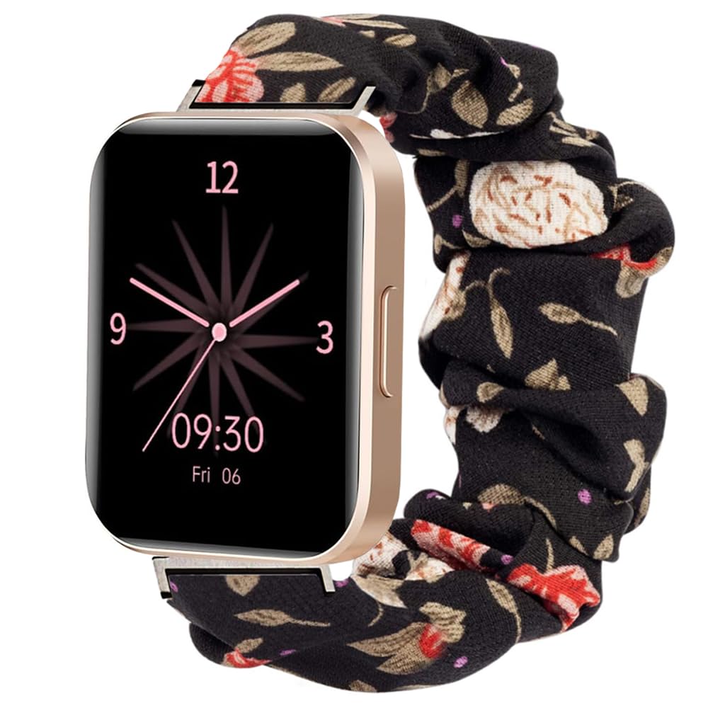 Blueshaweu Compatible with RUIMEN Smart Watches Bands, 22mm Fabric Elastic Scrunchie Elastic Watch Band Women Cute Replacement Straps Compatible with RUIMEN D1 /H1 Smart Watches (Blackflower)