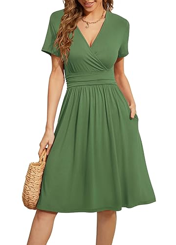 sachin and babi light blue dress WEACZZY Women's Summer Casual Dresses Short Sleeve Wrap V-Neck Party Dress  with Pockets,Army Green,M in Dubai - UAE