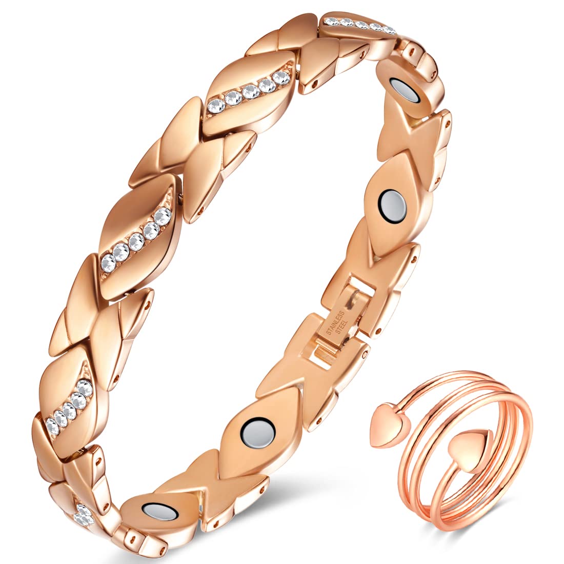 Vicmag Magnetic Bracelets for Women, Titanium Steel Brazaletes Ultra Strength Magnetic, Gift Box with Removal Tool (Crystal Design for Ladies) (Rose Gold)