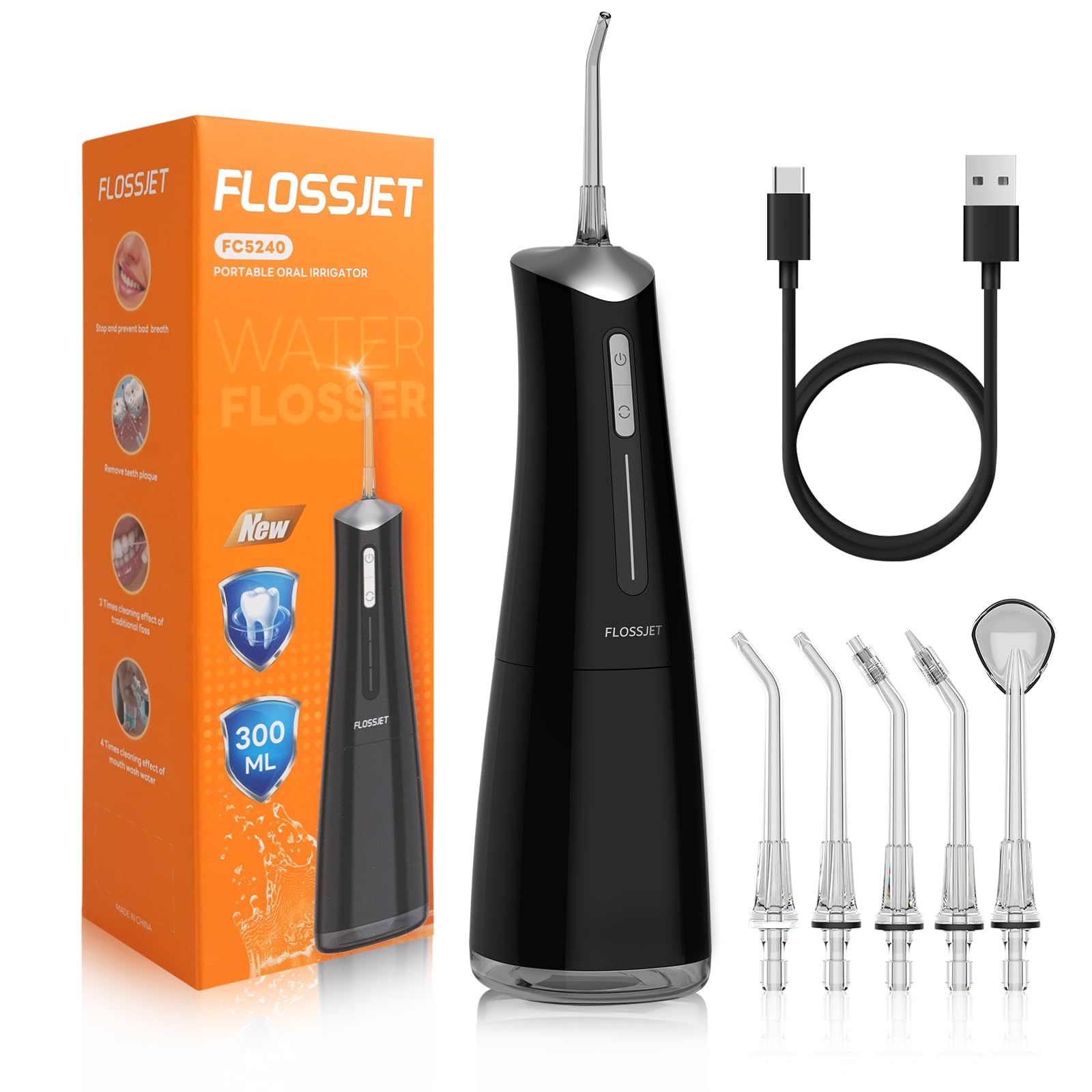 【2025アップグレード】FlossJet ジェットウォッシャー 口腔洗浄器 こうくう洗浄機 歯間ケア USB充電式 ４種類モード 替えノズル５本付き 口腔ケア コンパクト 外出用 IPX7防水 家庭用 旅行用 300MLタンク プレゼント の商品画像