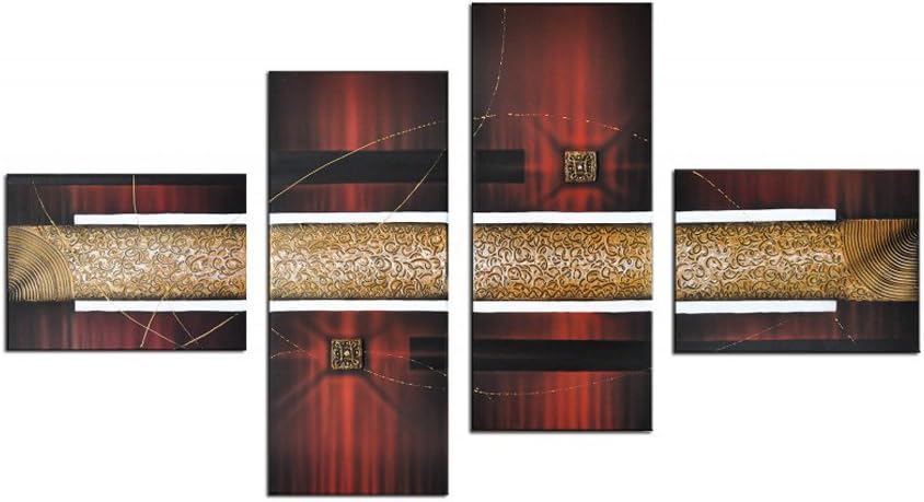 Noah Art-Modern Abstract Artwork, 100% Hand Painted with Acrylic Burgundy Red Abstract Oil Paintings on Canvas, 4 Panel Gallery Wrapped Framed Gold Abstract Wall Art for Living Room Home Decor