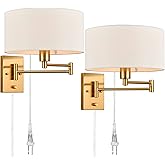 TENGIANTS Gold Plug in Wall Sconces Set of Two Brass Swing Arm Wall Lamp Hardwired Wall Sconce with Switch for Bedroom Living
