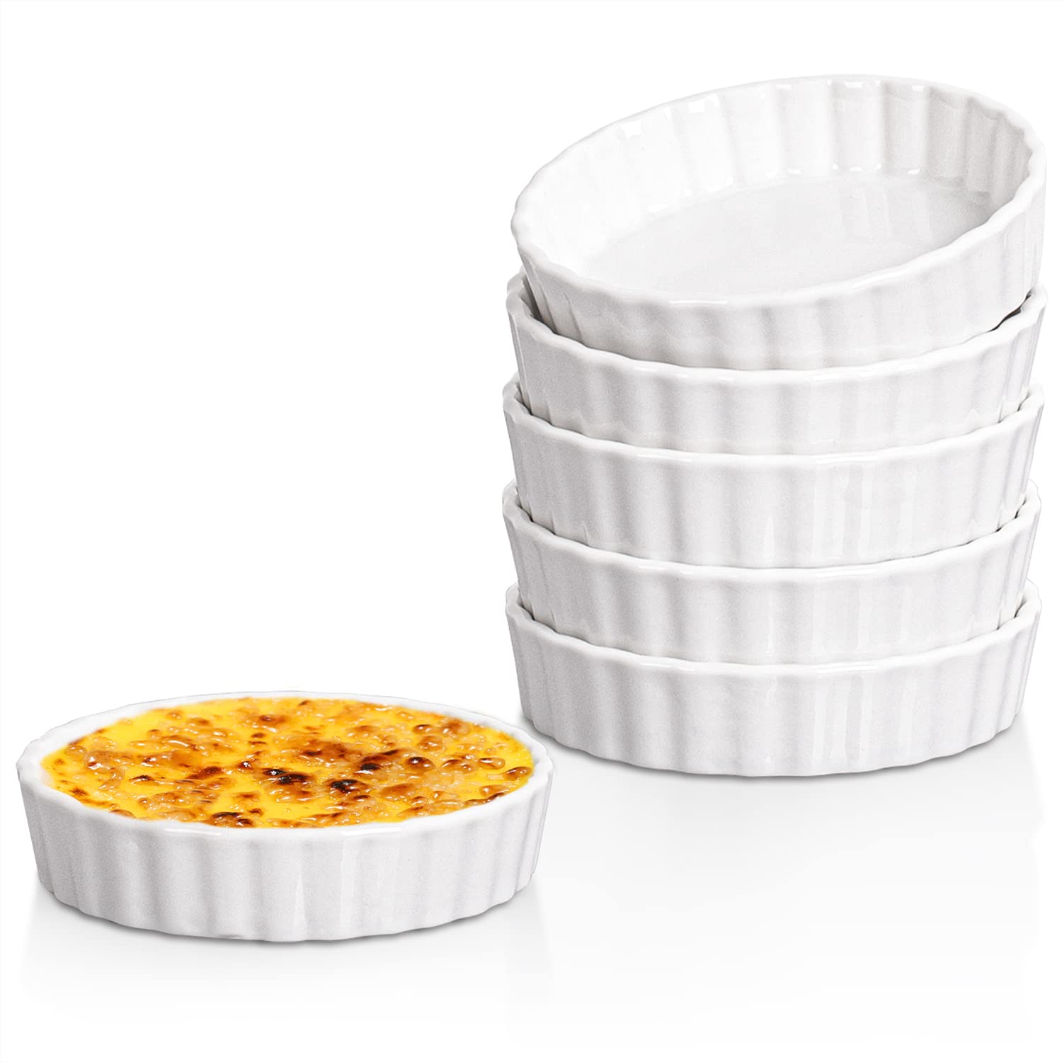 Photo 1 of Delling Creme Brulee Ramekins - 6 Piece Set, 8 oz Round Fluted Quiche Dishes, Oven Safe, White