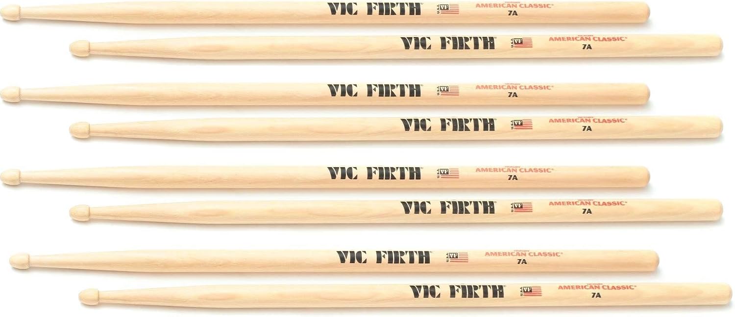 Vic FIrth - American Classic® Drumsticks 7A - American Hickory - Wood Tip - 4 Pair Value Pack, Natural Wood, 7A Wood Tip Value Pack