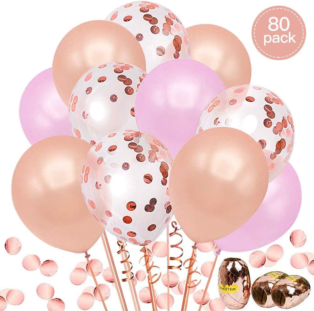 aovowog 80 Pack Rose Gold Balloon Set Including 20pcs Confetti Balloons 30pcs Rose Gold Balloon 30 Pink Balloons with 3 Balloon Ribbons for Birthday, Wedding Party Decorations