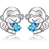 FLYOW 925 Stering Silver Cute Animal Heart CZ Monkey Stud Earrings Bracelet Pendant Necklace Birthday Christmas Anniversary for Women Friends Monkey Lovers, 18 inch