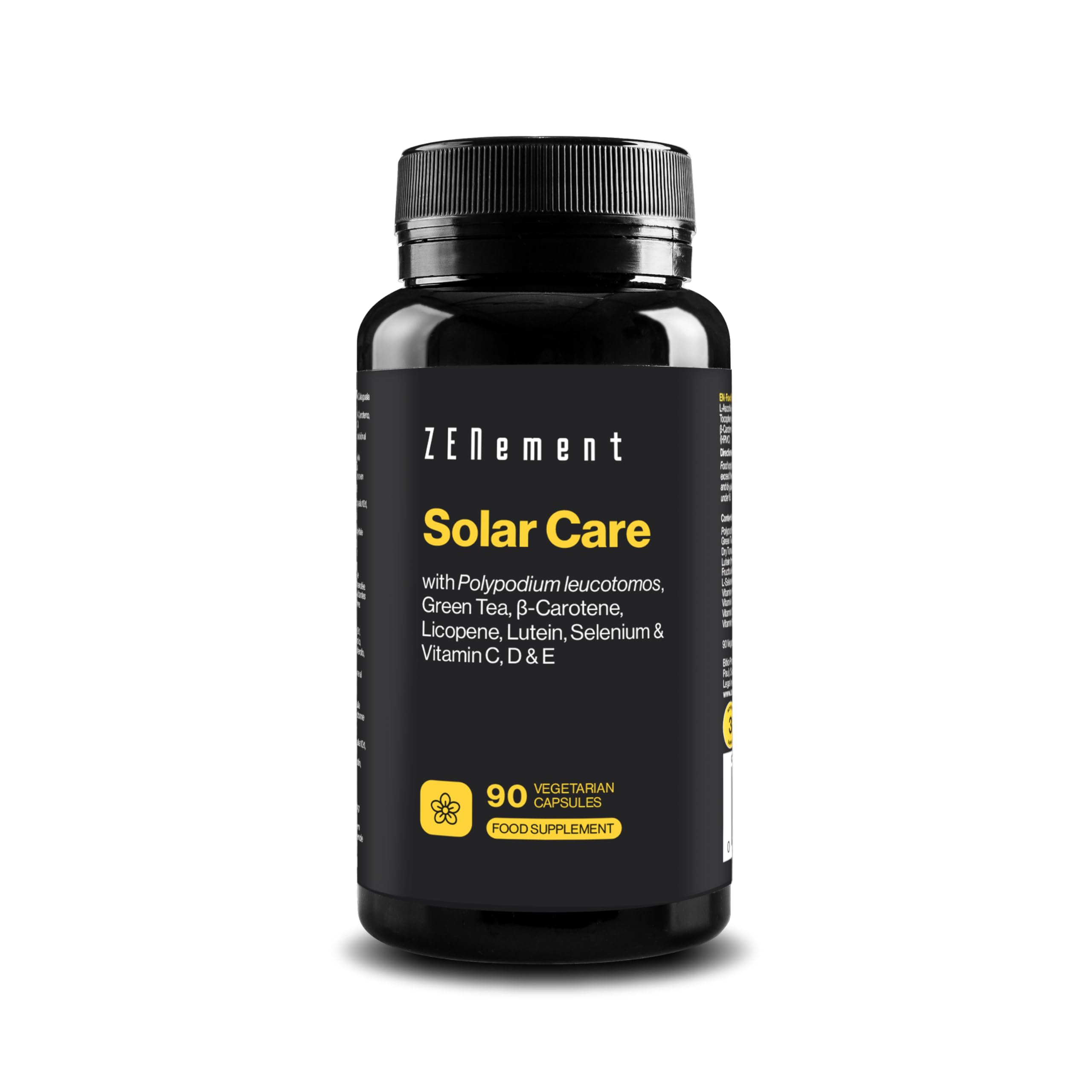 Solar Care, with Polypodium leucotomos, Green Tea, β-Carotene, Licopene, Lutein, Selenium & Vitamin C, D & E, 90 Vegetarian Capsules | Prepares the Skin for suntanning | Vegetarian | Zenement