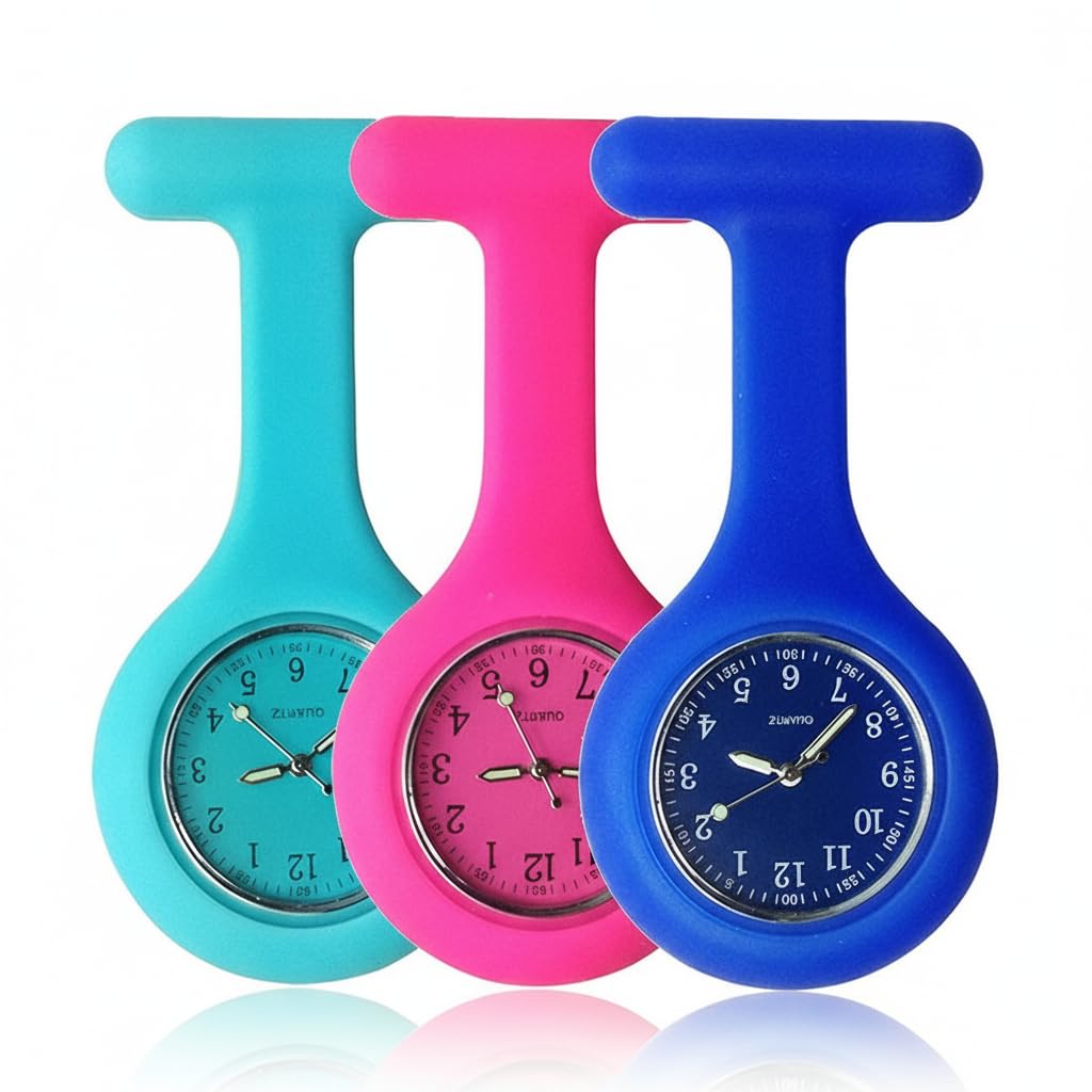 SibyTech Set of 3 Nurse Watch Brooch, Silicone with Pin/Clip, Glow in Dark, Health Care Nurse Doctor Paramedic Medical Brooch Fob Watch - Blue Rose Navy