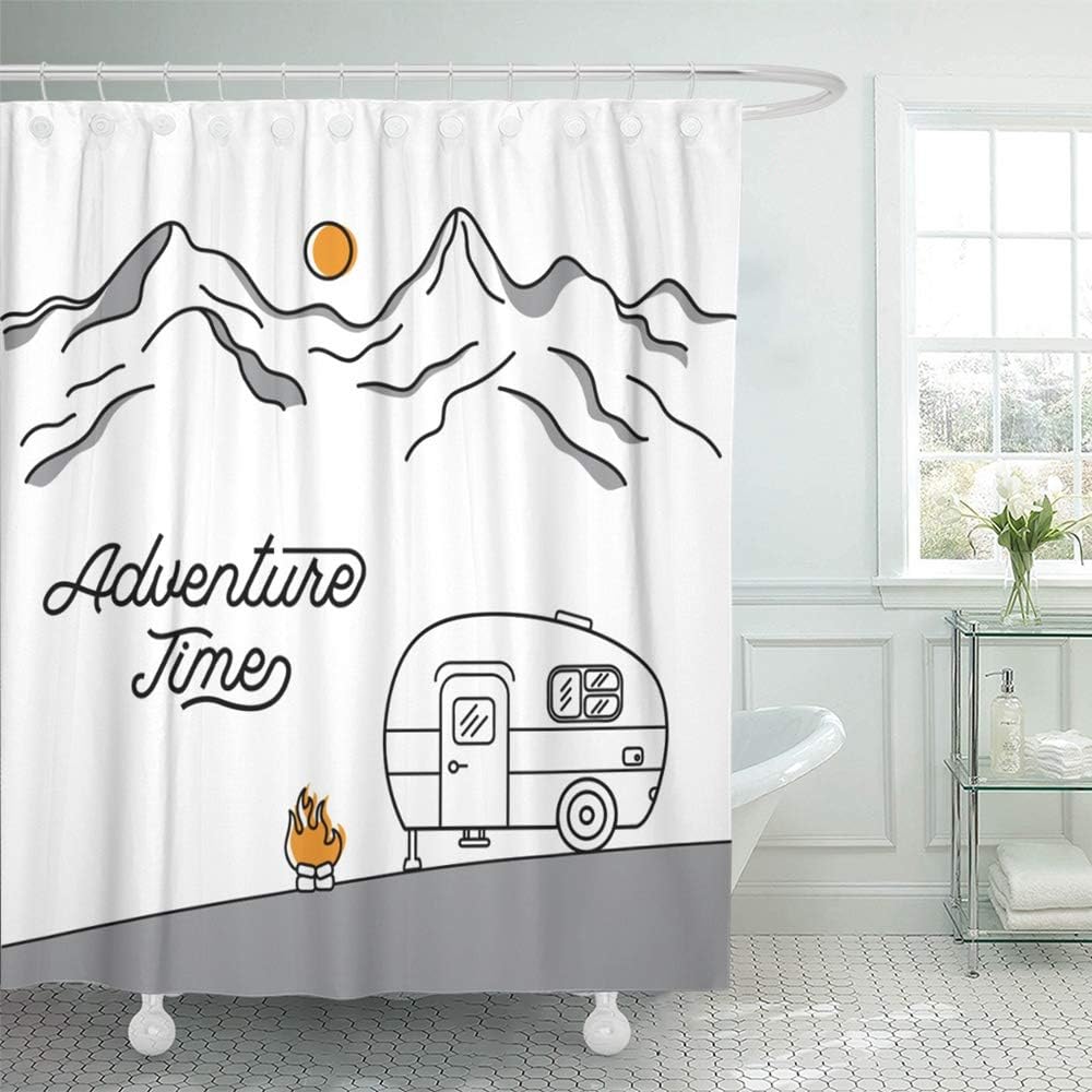 Emvency Shower Curtain Set Waterproof Adjustable Polyester Fabric Road with Retro Camper on The of Mountains Line Style Trip Van Vintage Activity 60 x 72 Inches Set with Hooks for Bathroom