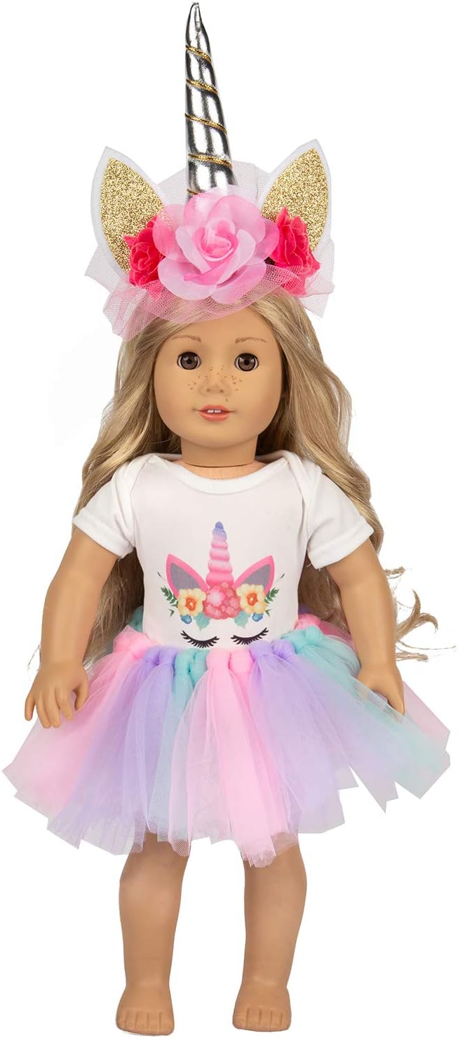 Everydlife 18 Inch Doll Clothes Accessories ,Doll Unicorn Clothes, Headband, Tutu for American 18 Inch Girl Dolls 1 Horn, 1 Onesies and 1 Tutu for 16" - 18" Doll Outfits Gift for Girls