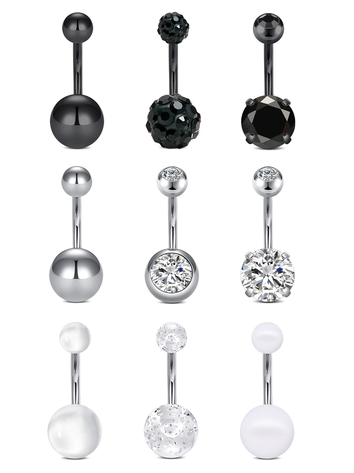AceFun 14G Belly Bars Belly 10mm Button Bars Navel Ring Barbell Piercings Black and Silver 9 Pcs 1.6mm