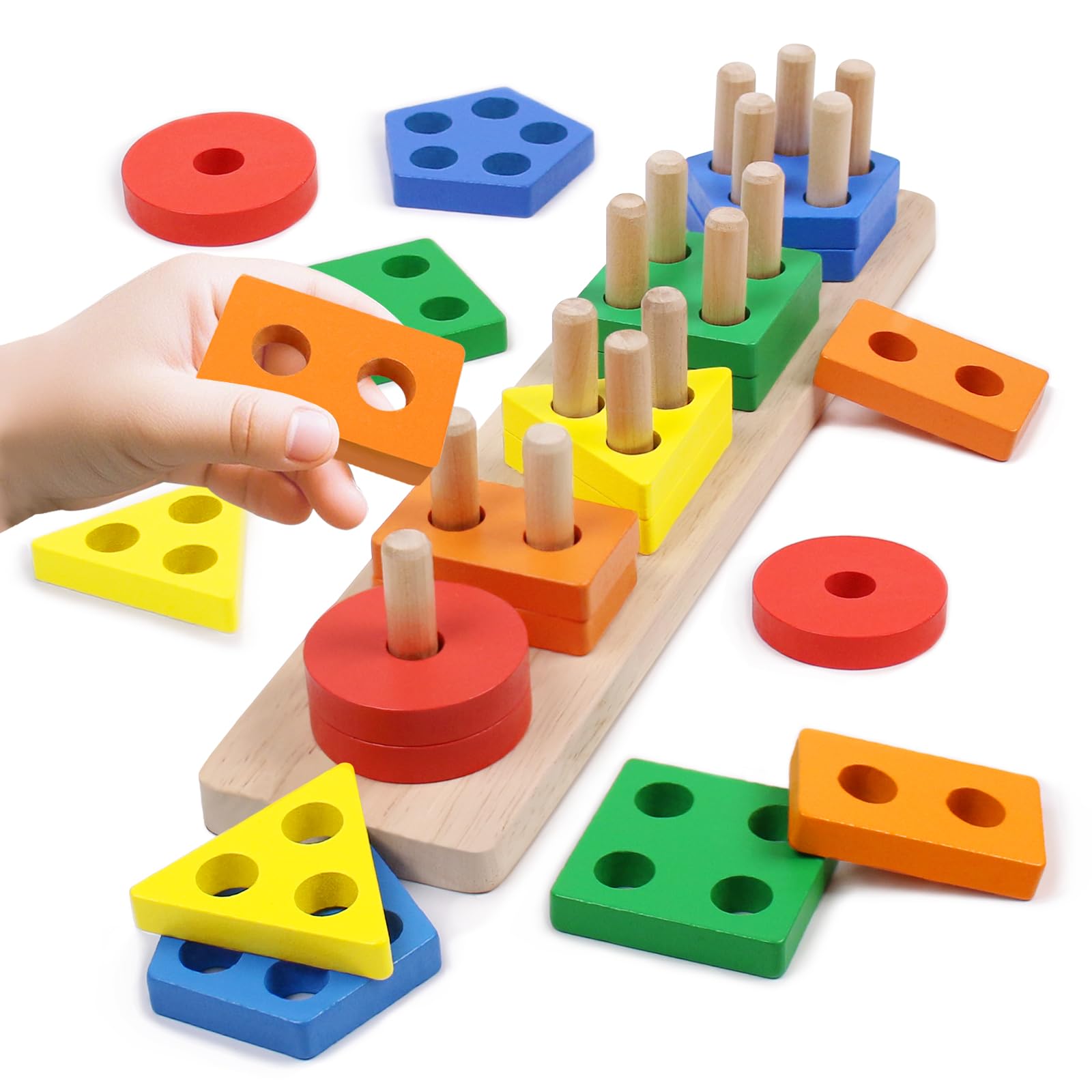 Photo 1 of YHHYTOY Montessori Toys for 1 2 3 Year Old - Wooden Baby Stacking Toys Sensory Educational Shape Sorter Color Sorting Toy for Toddlers 1-3, Birthday Gifts for Girls Boys Kids