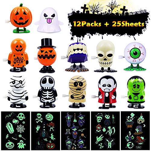 Nice2you 12 Packs Wind Up Toys Assorted Halloween Toys,25 Sheets Temporary Tattoos Skeleton Pumpkin Witch Glow Luminous Stickers for Kids Halloween Party Favors Gifts - Thumbnail 7