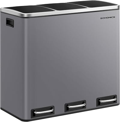 SONGMICS Kitchen Bin 3 x 18 L Recycling Bin 3 Compartments Matte Grey LTB054G01