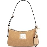 True Religion Shoulder Bag, Logo Plaque Suede Purse with Adjustable Strap, Compact Silhouette and Gold Hardware, Camel